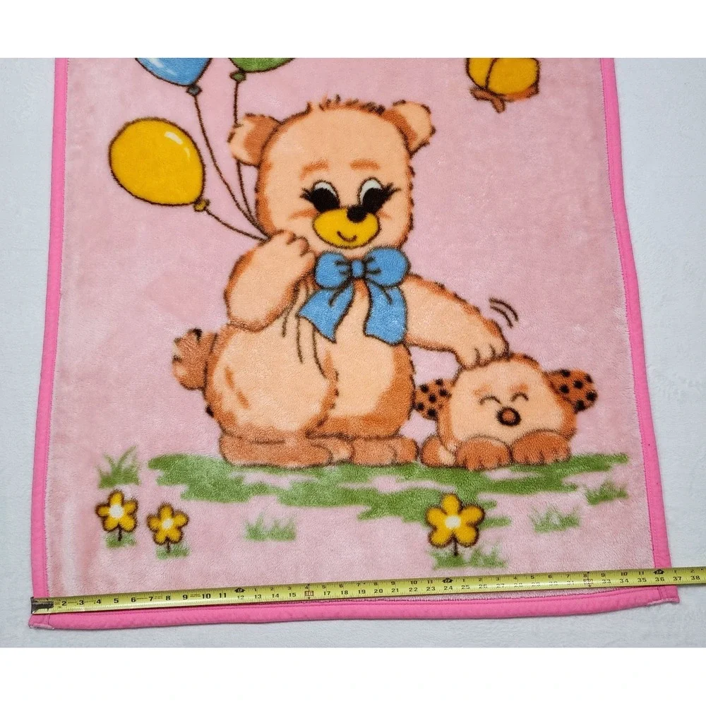 Vintage Baby Blanket Teddy Bear Balloons Puppy Butterfly Mink Plush Pink 45x37
